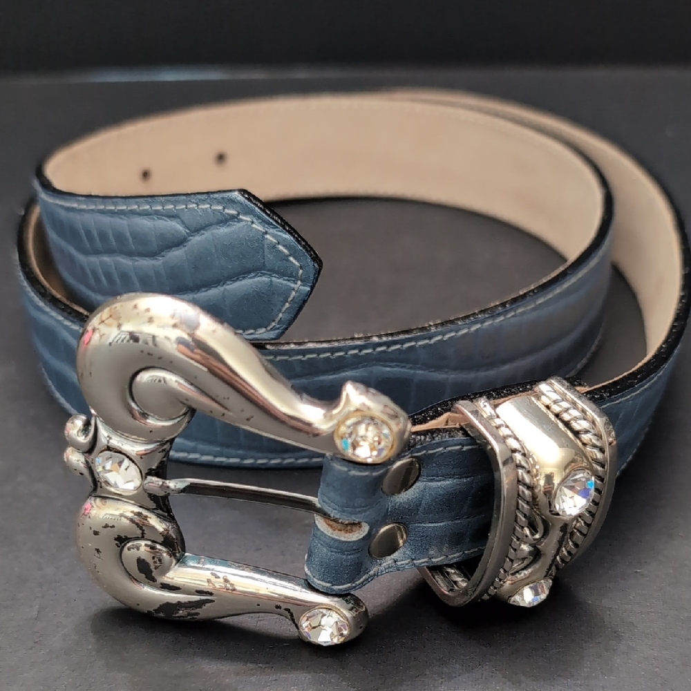 Elegant Blue Leather Belt with Silver Buckle